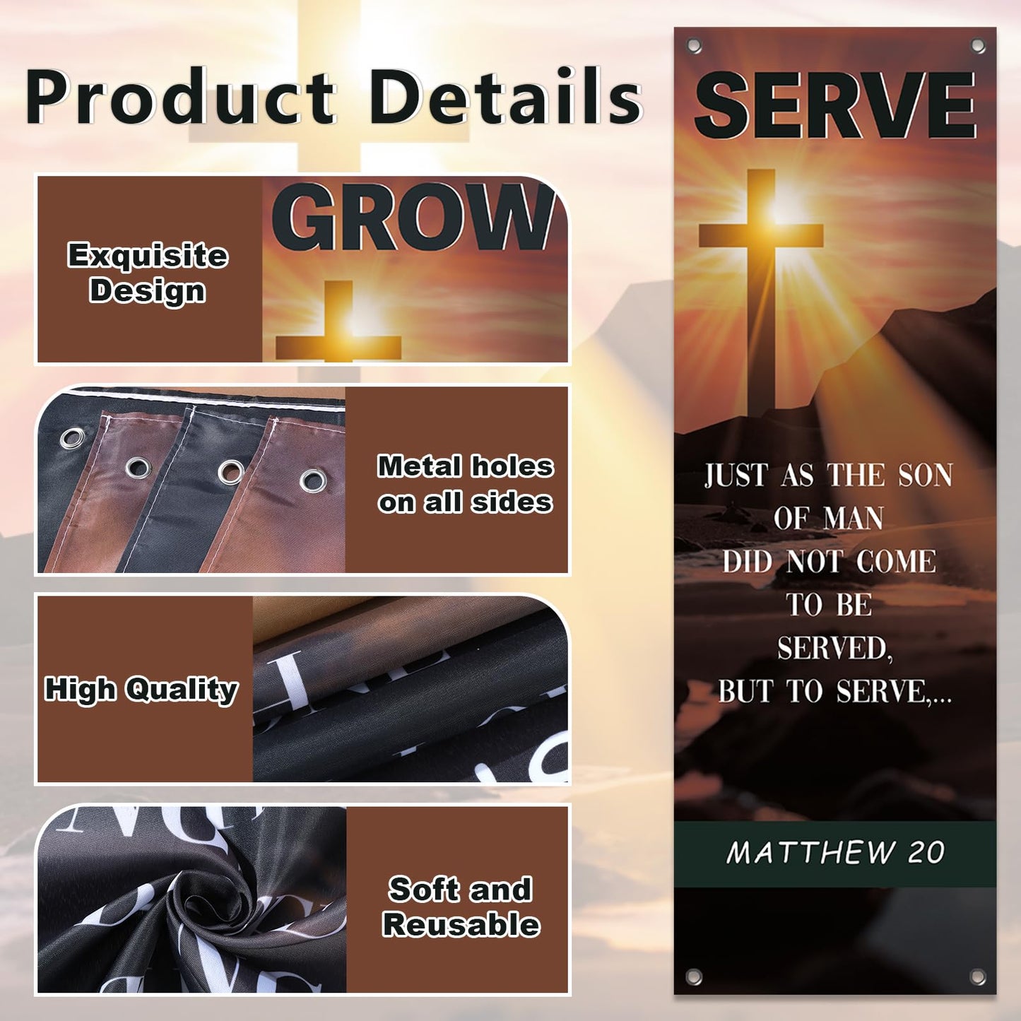 4Pcs Easter Church Banners for Sanctuary Wall Welcome Religious Banner Easter Serve Grow Love Pray Hanging Backdrop Cross Sunset Church Signs Scripture Bible Verse Banner for Christian School Decor
