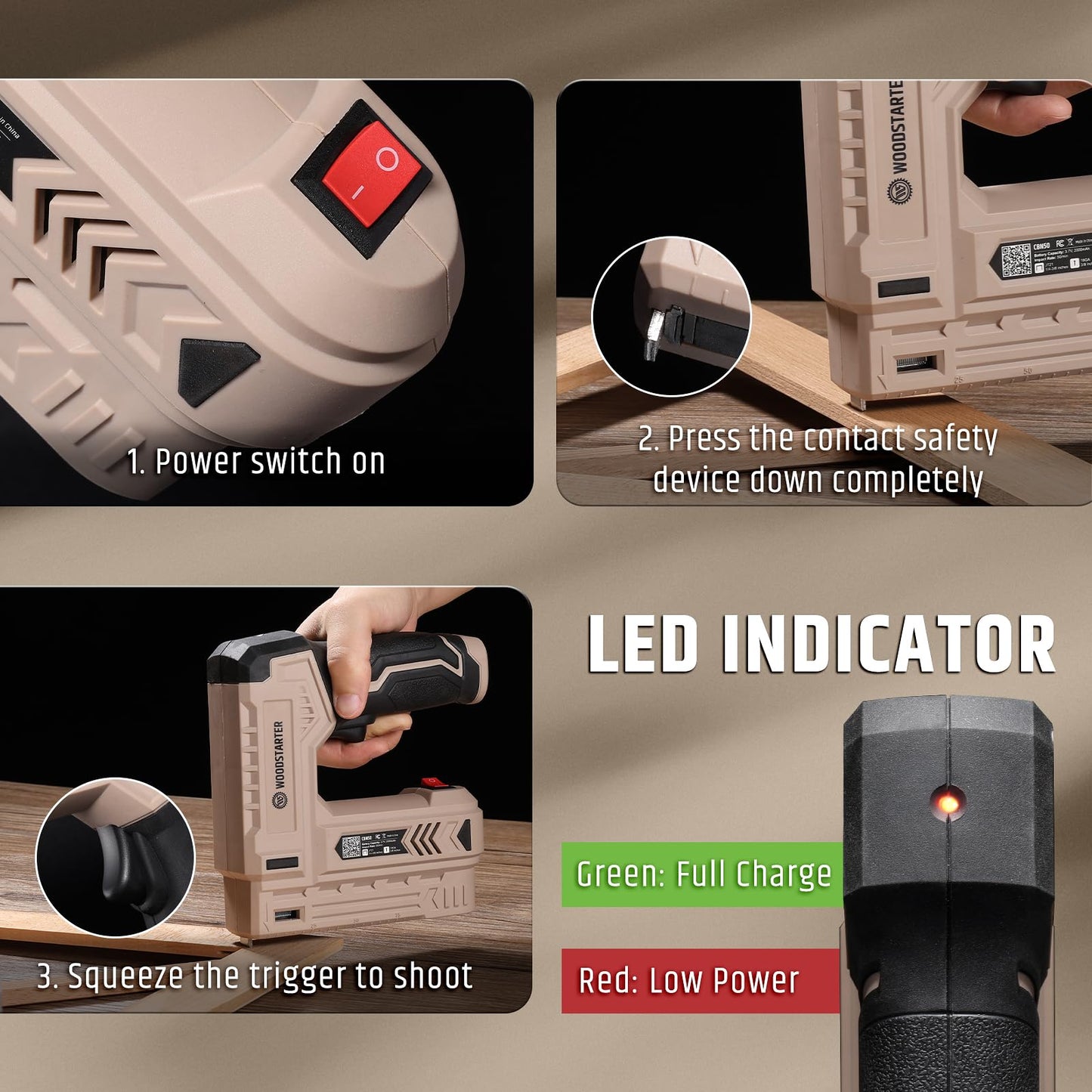 WOODSTARTER 2-in-1 Cordless Electric Staple Gun - 4V Rechargeable, Versatile for Multiple Scenarios