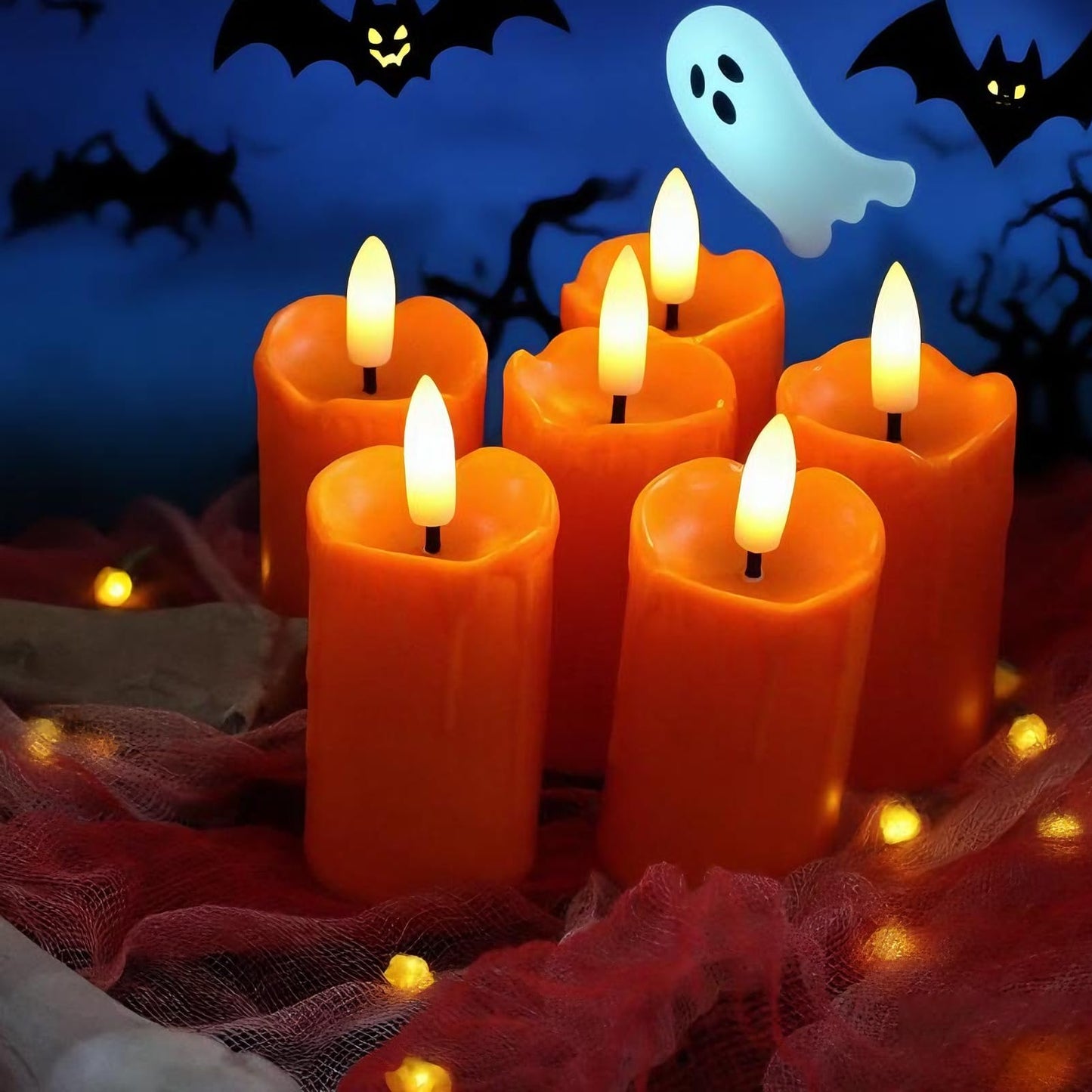 6 Pack LED Flameless Votives with Built-in Timer Realistic Black Wick Drips Battery Operated Electric Candle Set for Home Party Wedding Halloween Christmas Decorations 1.5” D x 3.5” H, Orange