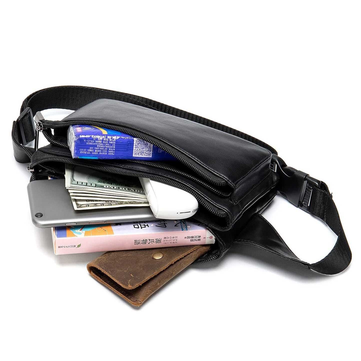Niucunzh Small Leather Mens Fanny Packs for Women Lightweight Lambskin Leather Waist Bag Sport Men Crossbody Belt Purse Hip bags Hands-Free Bumbag Black
