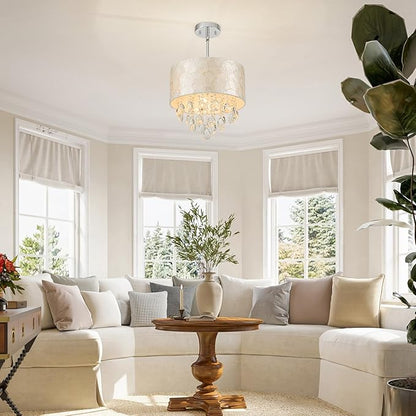 3-Lights Drum Capiz Shell Crystal Chandeliers, Coastal Style Pendant Light Fixture for Dining Room, Living Room, D12 x H19~49"(Adjustable), Shell Lampshade & Chrome Finish