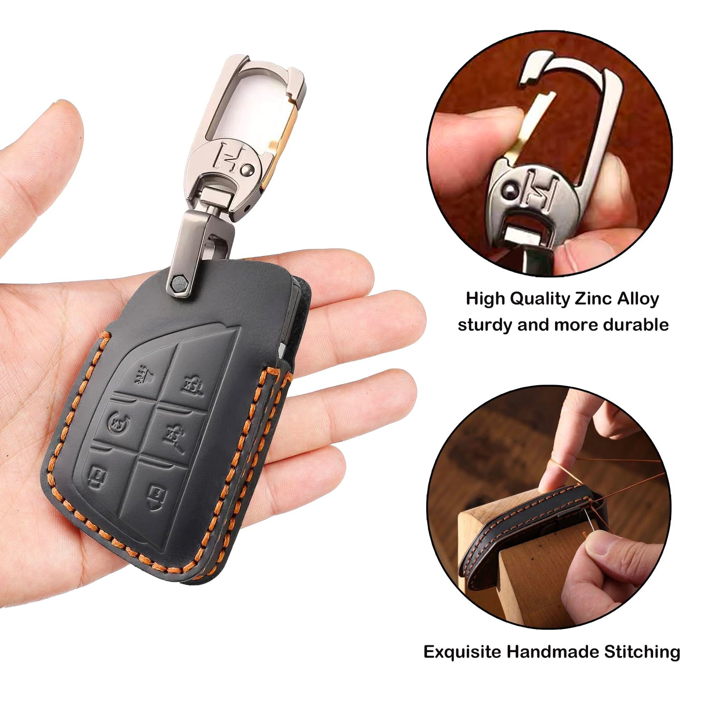 Leather Key Fob Cover for Chevy, Retro Smart Fob Protection Case Compatible with 2021 2022 2023 2024 2025 Chevy Tahoe Suburban GMC Yukon Denali Sierra Silverado Buick (Black, 6 Buttons)