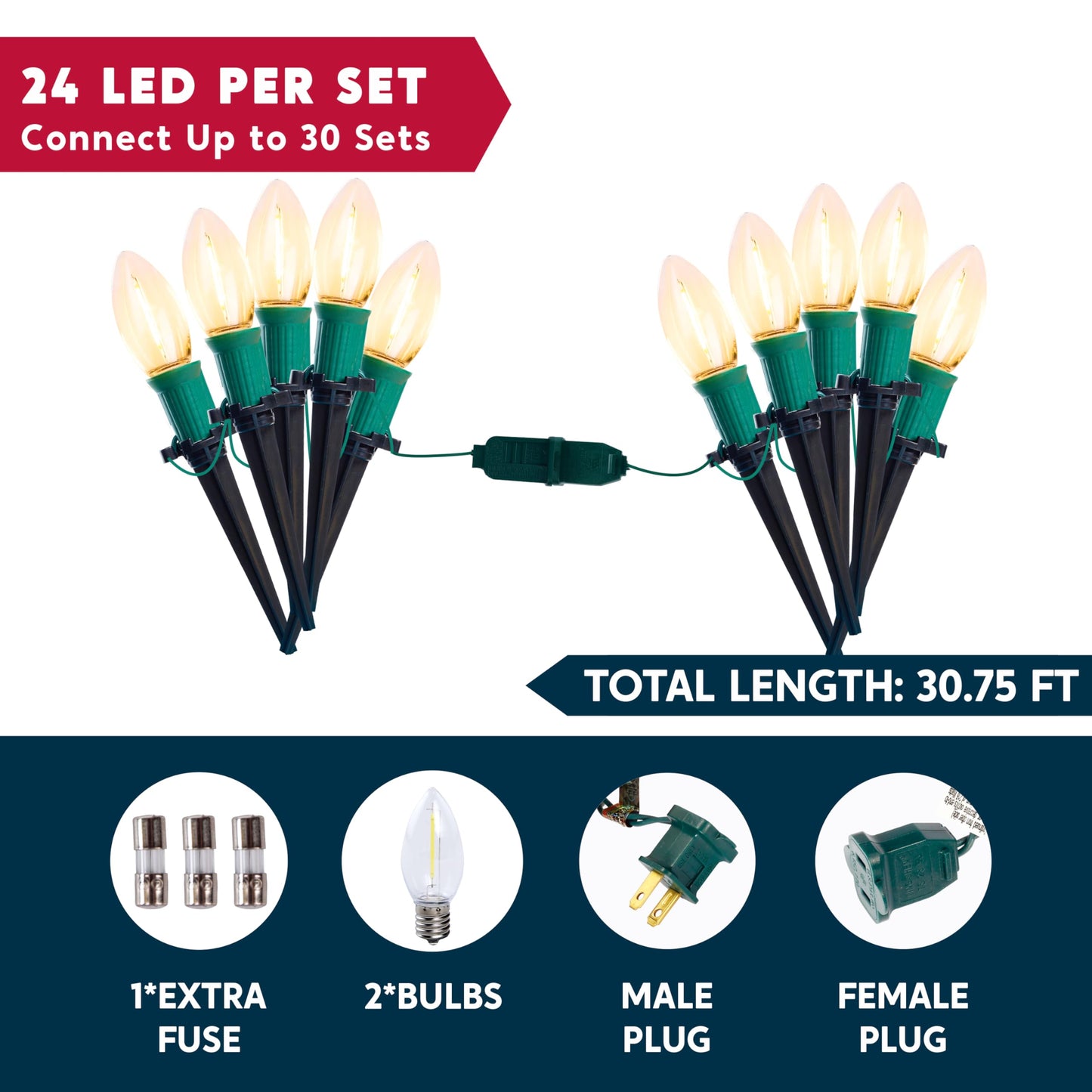 Joiedomi 24 Packs 30.75FT C9 Christmas Pathway Marker Lights, LED Warm White Waterproof Pathway Marker Outdoor Faceted Walkway Decor with Connectable for Holiday Xmas Yard Garden Lawn
