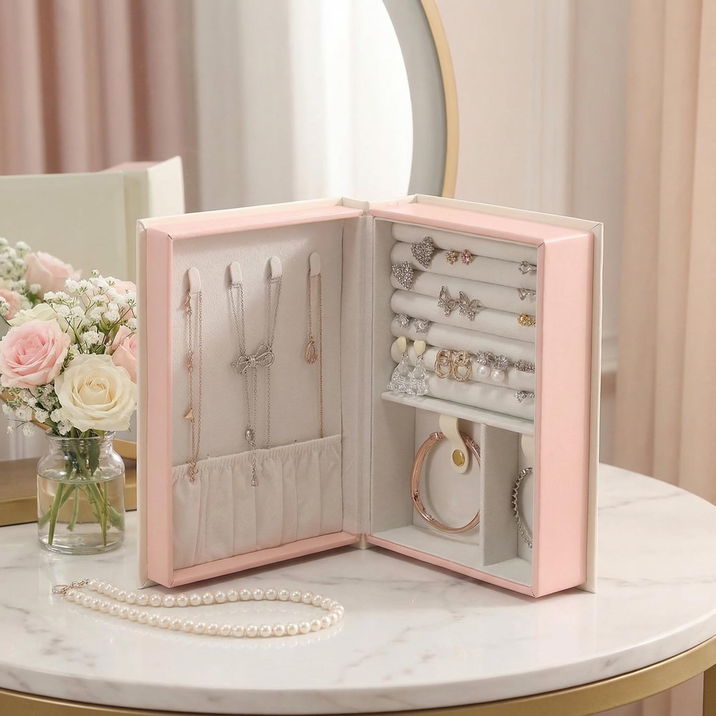 CASEGRACE Jewelry Box Organizer PU Leather Diary Jewelry Box with Magic Book Design Jewelry Case for Earrings Bracelet Necklace Rings Storage for Women, White