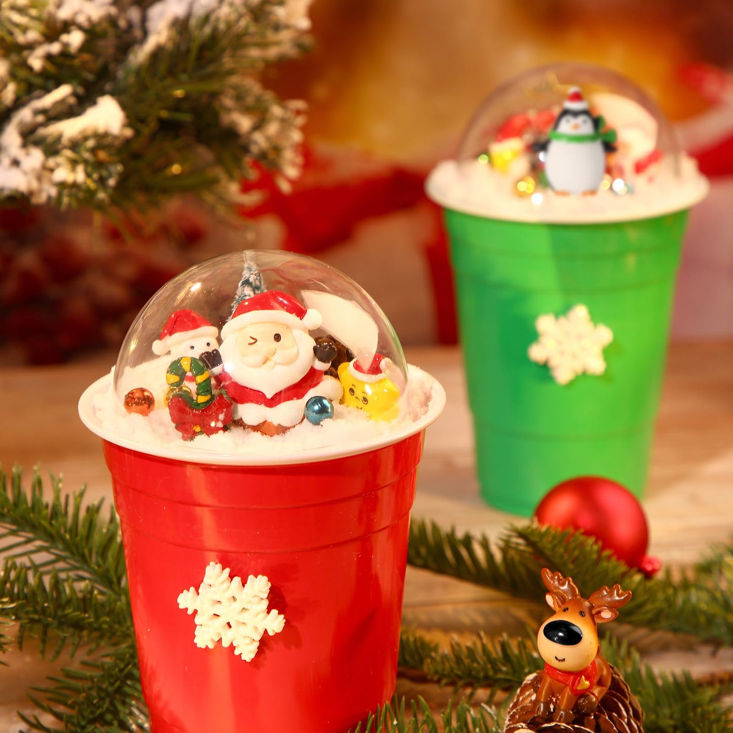 96 Pcs Miniature Ornaments for Snow Globe Kit DIY Christmas Village Decoration Christmas Figurines Mini Ornaments with Snowman Reindeer Santa Claus Snowflake(Pink)