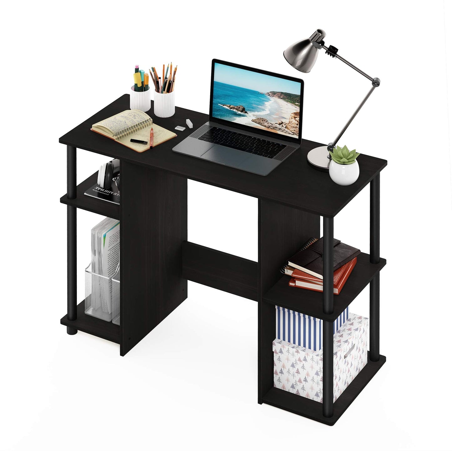 Furinno JAYA Desk, 38.4" Wide Gaming Desk, Computer Study Desk, Office Desk with Side Shelves, Open Storage, for Home Office, Bedroom, Dorm, Study Room, Espresso
