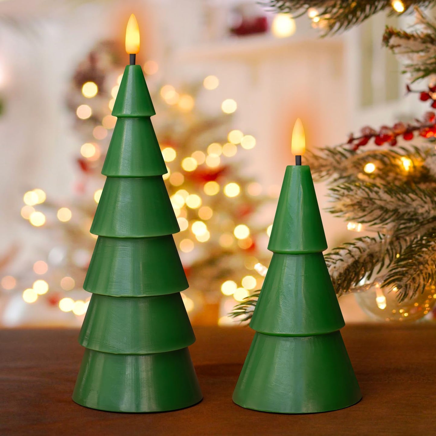 Yongmao Christmas Tree Shaped Flickering Flameless Candles, Green Real Wax Battery Operated LED Candles with Timer for Home Party Table Decoration Christmas Gift Set of 2