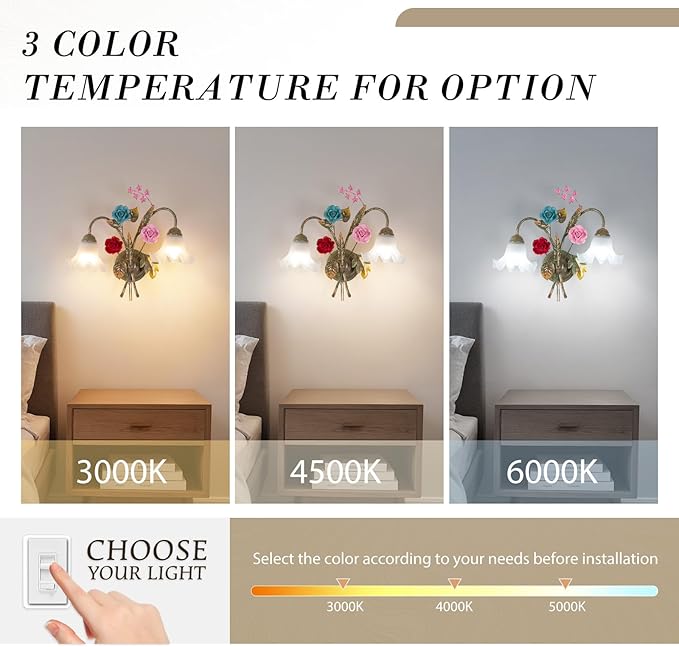 Vintage Floral Wall Sconce,Metal Wall Lamp with 2 Glass Lampshade,Mounted Wall Lamps for Bedroom Living Room Corridor Vanity Hallway E26 Wall Art Scones 48 * 42Cm