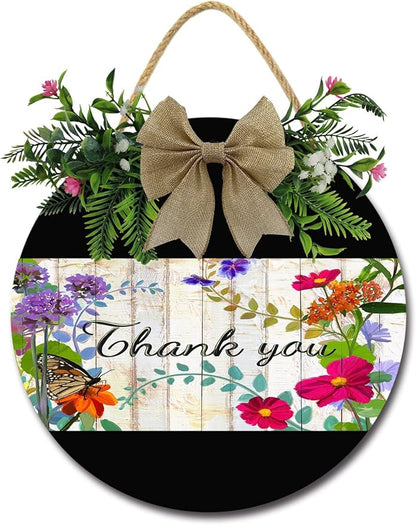 A Garden Thank You Front Door Sign Funny Wreaths Hanging Wooden Plaque Decoration Round Rustic Wood Farmhouse Porch Decor for Home Front Door Decor, 11 x 11 Inch