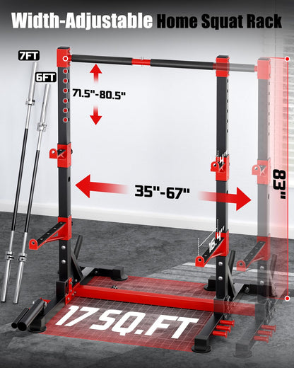 YOLEO Squat Rack with Adjustable Pull-Up Bar & Extended Safety Arms, Multi-Functional Power Racks Squat Stand for Home Gym, Garage & Basement, 35"-67" Width, Fixed 83” Frame Height, Pull-Up Bar Height 71.5"-80.5", Fits 6FT & 7FT Barbells