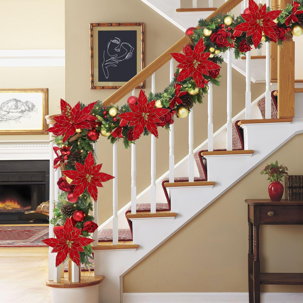 Briful 6 Pack Red Glitter Christmas Poinsettia Picks, 13.8'' Artificial Floral Stems with Gold Edges & Sparkle Beads, 9.8'' Blossom Holiday Flower Picks for Tree, Wreath, Table Centerpiece Decor