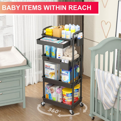 Goovilla 3 Tier Rolling Utility Cart Organizer with Removable Drawer, Stable and Sturdy Black Rolling Storage Carts with 2 Lockable Wheels for Bathroom, Kitchen, Snack, Craft, Makeup, Baby Essentials