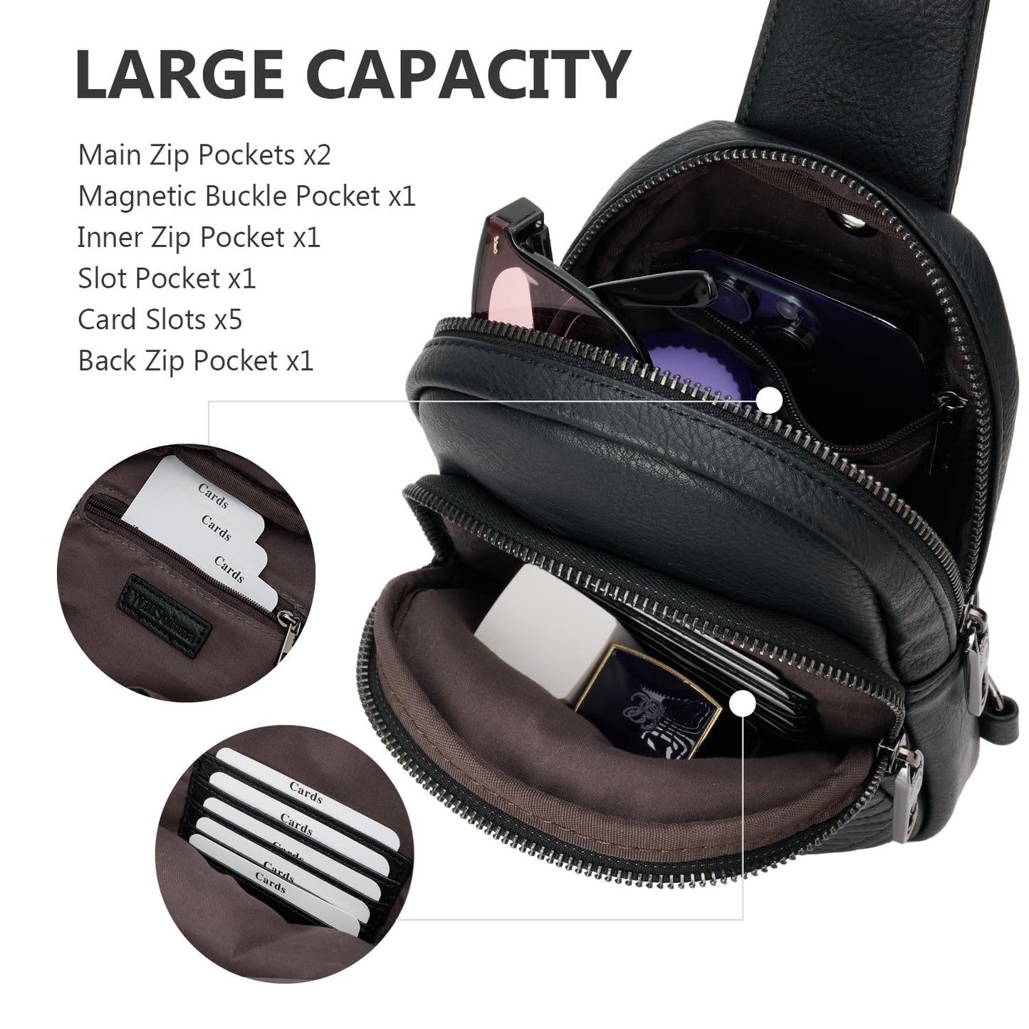 WILLSOLUNA Leather Crossbody Bags for Women Small Sling Bag Anti Theft RFID Chest Purse Fanny Pack for Travel (Black)