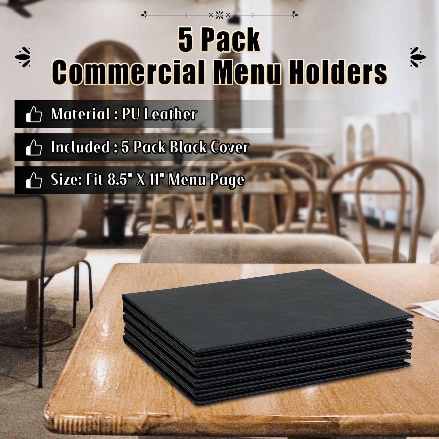 FLKQC Restaurant Menu Covers Holders 8.5 X 11, 5 Pack Synthetic Leather Menu Holder Covers Book Style with Angled Corners Black for Wine List, Certificate Organizer Diploma Holder (5 Page 8 View)