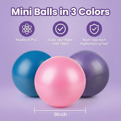 RAINFLOW 3 PCS Small Exercise Ball - 9 Inch Pilates Ball Small Yoga Ball for Stability, Physical Therapy, Fitness, Core Strength and Stretching at Home Gym Office with Inflation Straw
