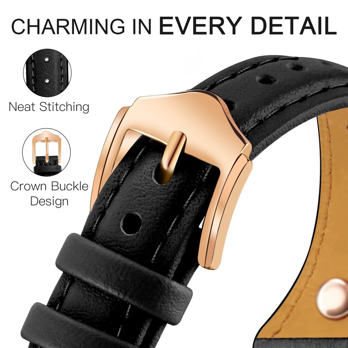 JR.DM Slim Leather Bands Compatible with Fitbit Versa 4/Versa 3/Sense 2/Sense Band, Top Genuine Soft Leather Band with Charms, Feminine Designer Strap for Fitbit Smartwatch, Black Rose Gold