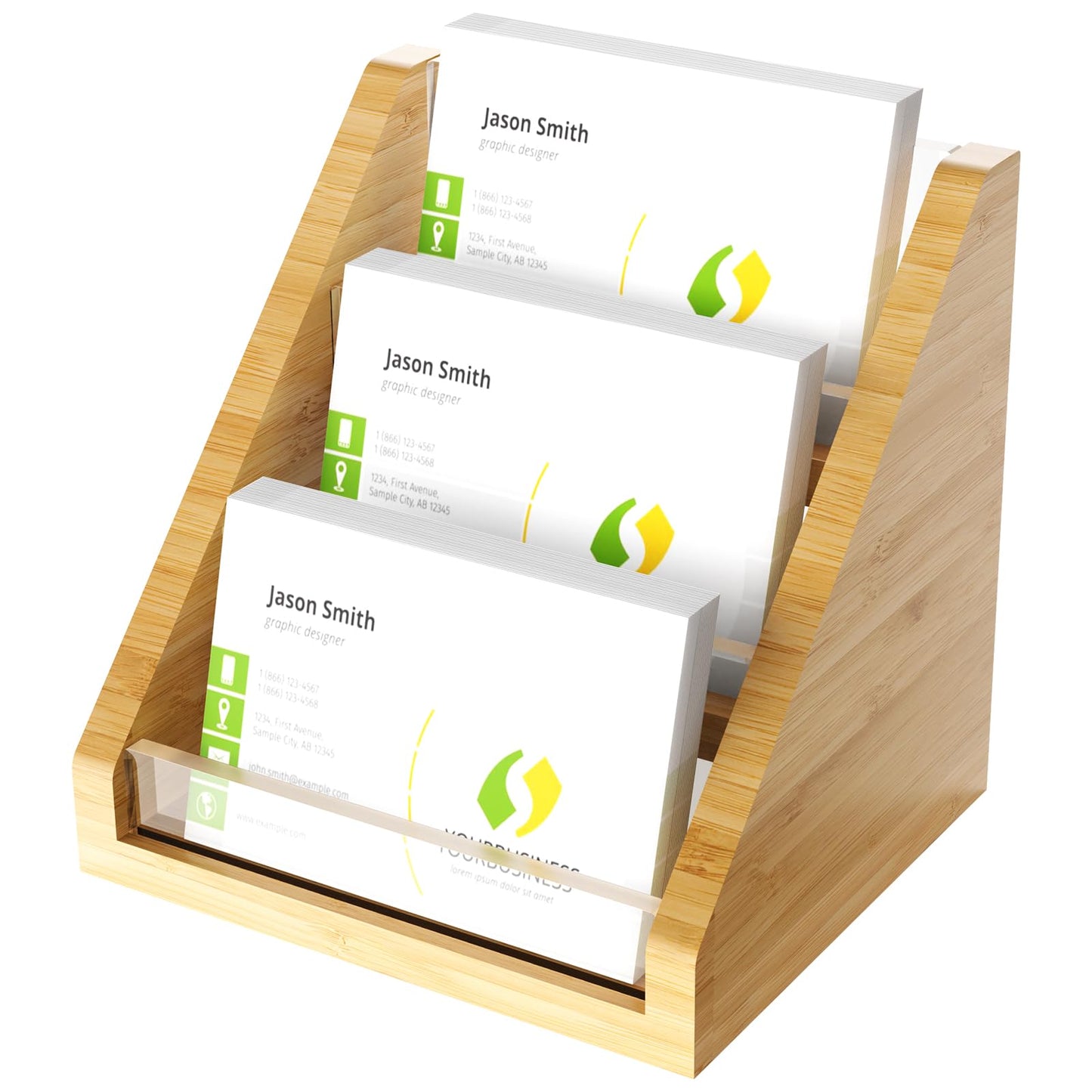 Sleek Bamboo Acrylic Business Card Holder for Reception, Office Desk, Meetings, Trade Shows, Home Office, Versatile Use Professional Display, Natural Modern Blend Elegant Organizer (3 Tiers)