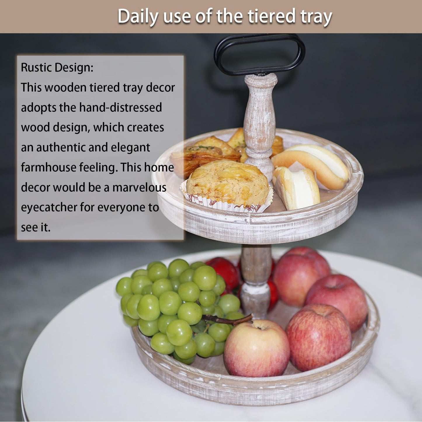 Krismax Decorative Trays - Two Tiered Tray Stand Rustic Decor Farmhouse 2 Tiered Tray Serving Tray Seasonal & Holiday Decoration Wooden Tray