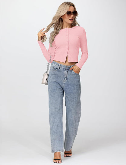 Womens Long Sleeve Tops Fall Lightweight Cardigan Cropped Going Out Shirts Ribbed Button Down Cute Trendy 2025