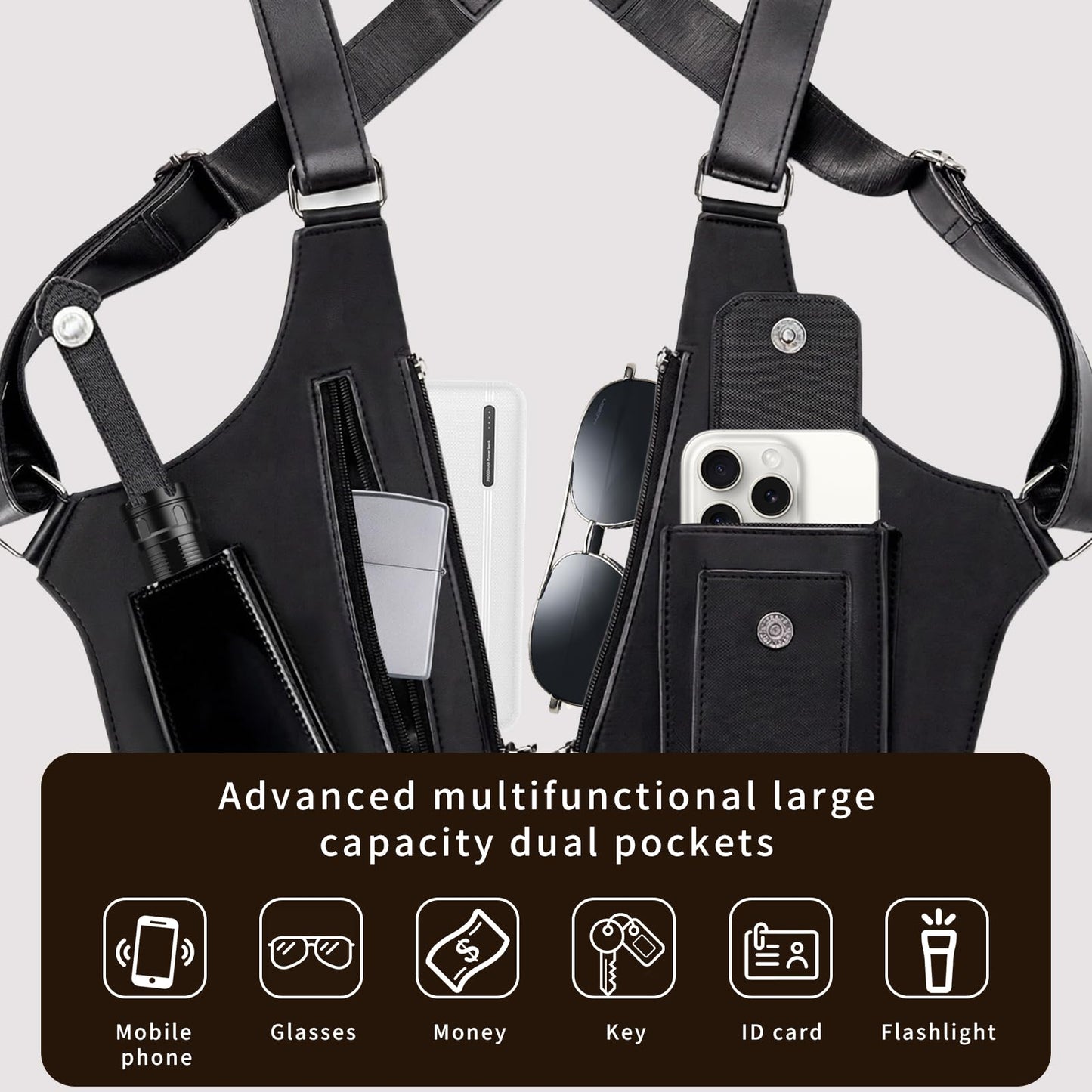 Men's Double Shoulder Armpit Bag,Anti-Theft Underarm Wallet,Fashion Leather Double Shoulder Straps Holster Wallet Adjustable Leather Multi-Purpose Armpit Tactical Bag,Travel Outdoors