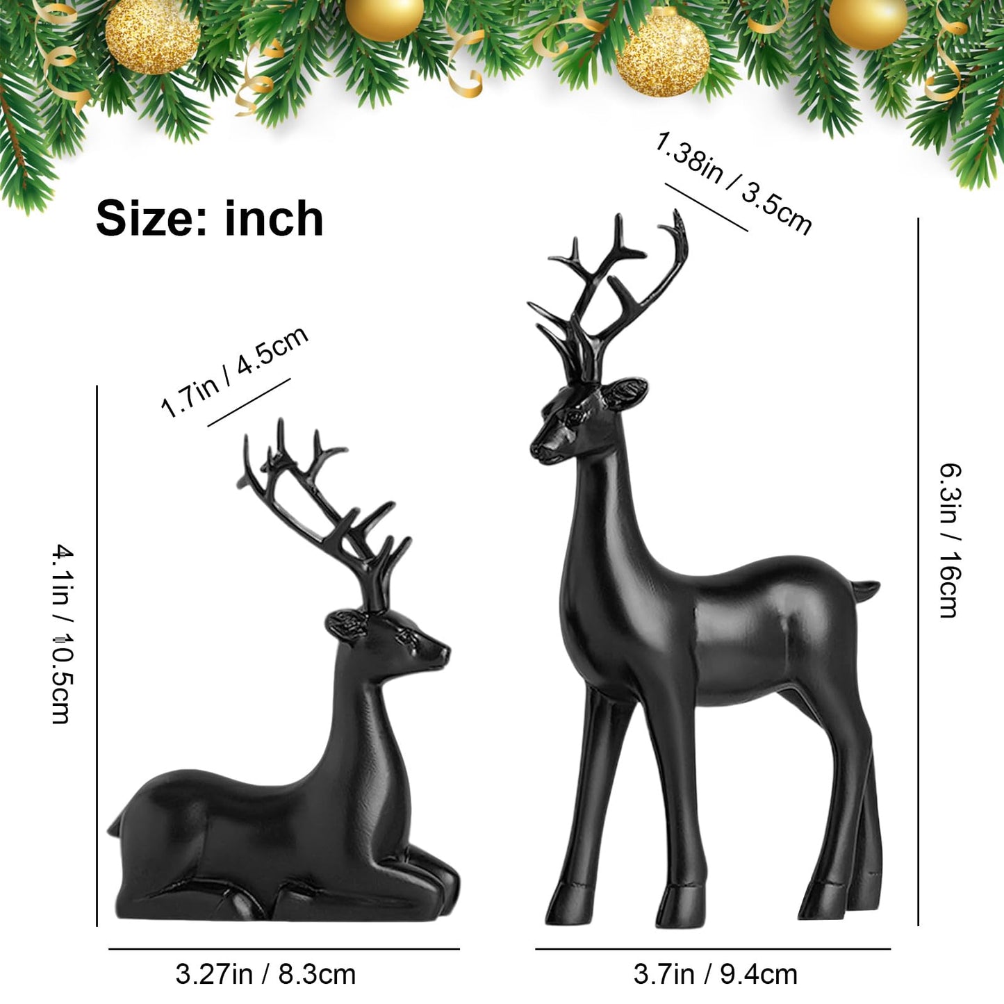 2PCS Black Christmas Reindeer Figurines, Resin Elk Sculpture Statues, Standing Sitting Reindeer Statues, Xmas Ornaments for Home Living Room Office TV Cabinet, Ideal Christmas/New Year Seasonal Gift
