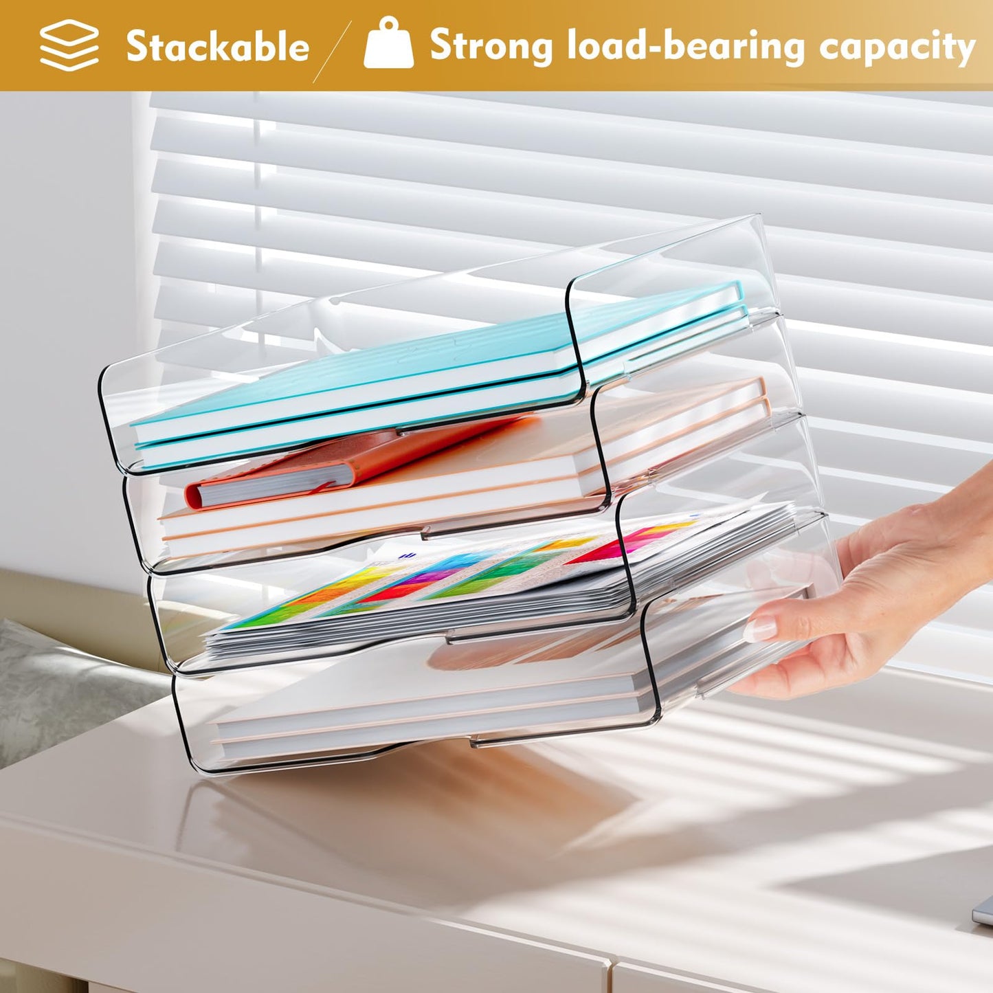 YKLSLH 4 Trays Paper Organizer Letter Tray - Acrylic Desk File Organizer, Stackable Clear Paper Holder Sorter Office Organizer for Letter/A4, Office File Ipad Books Notes Etc