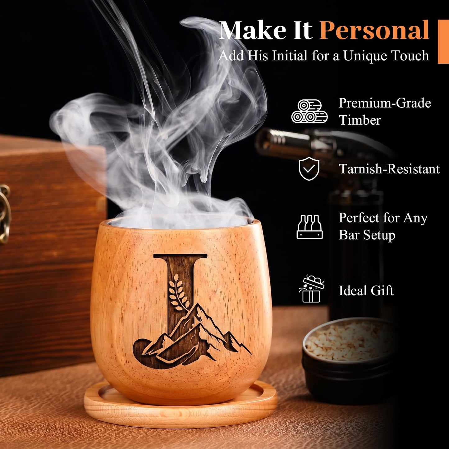 Personalized Gifts for Men, Charred Wooden Whiskey Glasses, Bourbon Old Fashioned Tumbler, Birthday Gifts for Men Dad Husband Brother Boyfriend, Unique Drinking Glass Gifts for Whiskey Lovers (J)