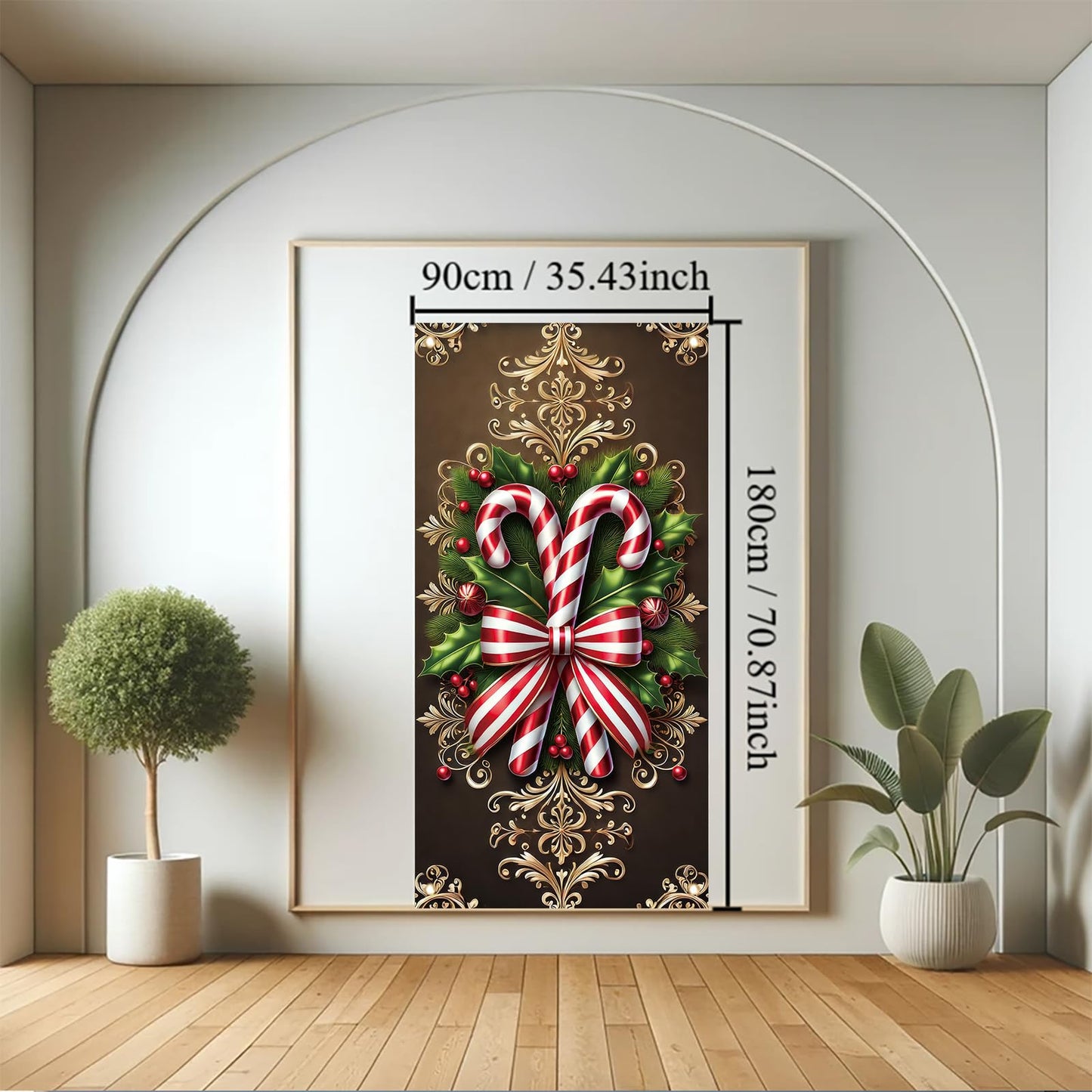 Saoplasa Christmas Door Cover Candy Cane Bow Banner 71 x 35 Inch Holiday Peppermint Stripe Wall Hanging with Holly Leaves Ornaments for Winter Wonderland Xmas Front Door Decor Photo Backdrop