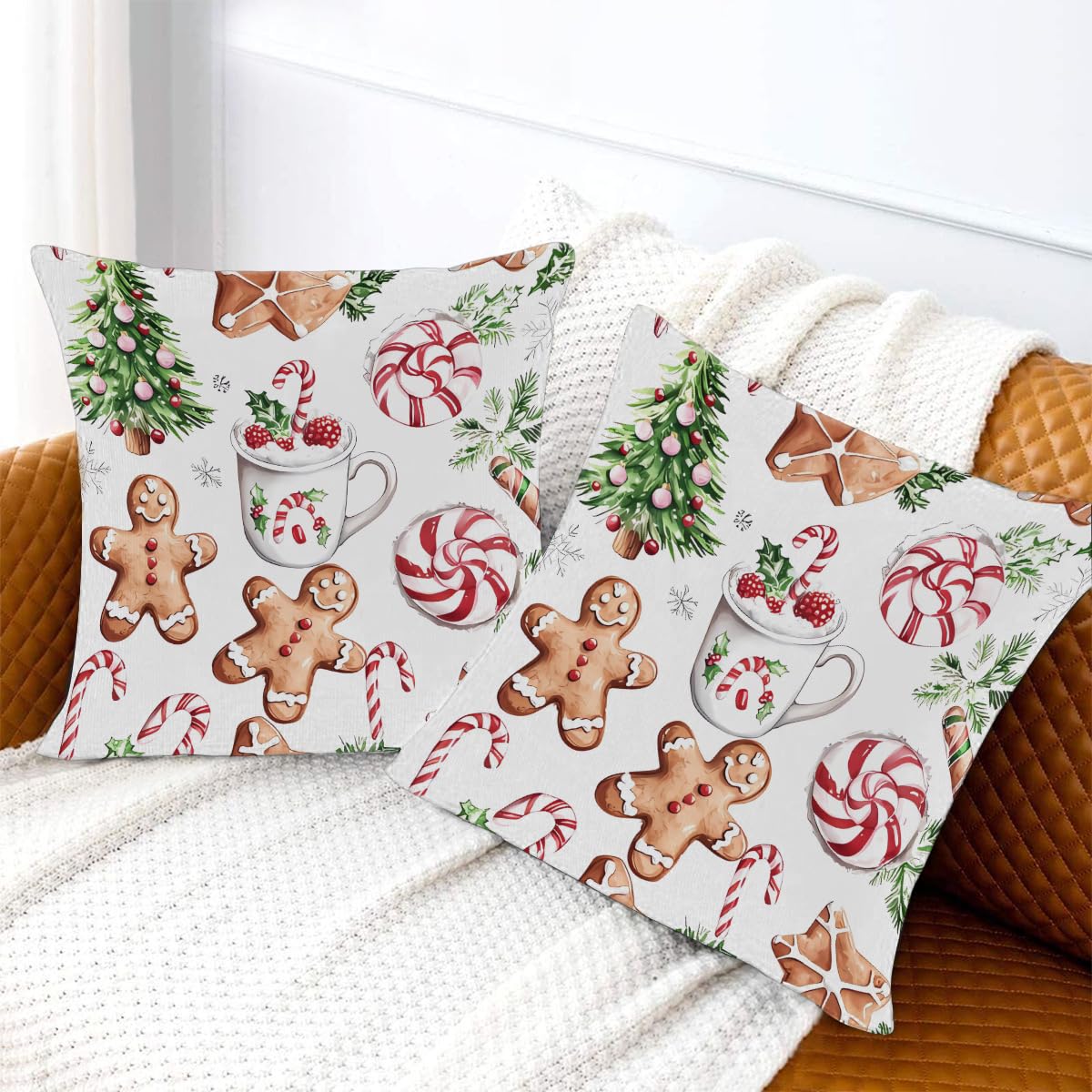 Christmas Gingerbread Man Throw Pillow Covers 20x20 Set of 2 Cushion Cases