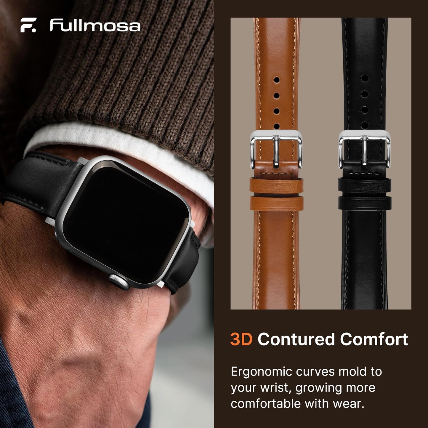 Fullmosa Leather Band Compatible with Apple Watch Bands 49mm 46mm 45mm 44mm 42mm,Top Grain Leather iWatch Straps for Apple Watch Ultra SE Series 11 10 9 8 7 6 5 4 3 2 1,Black+Silver/Brown+Silver