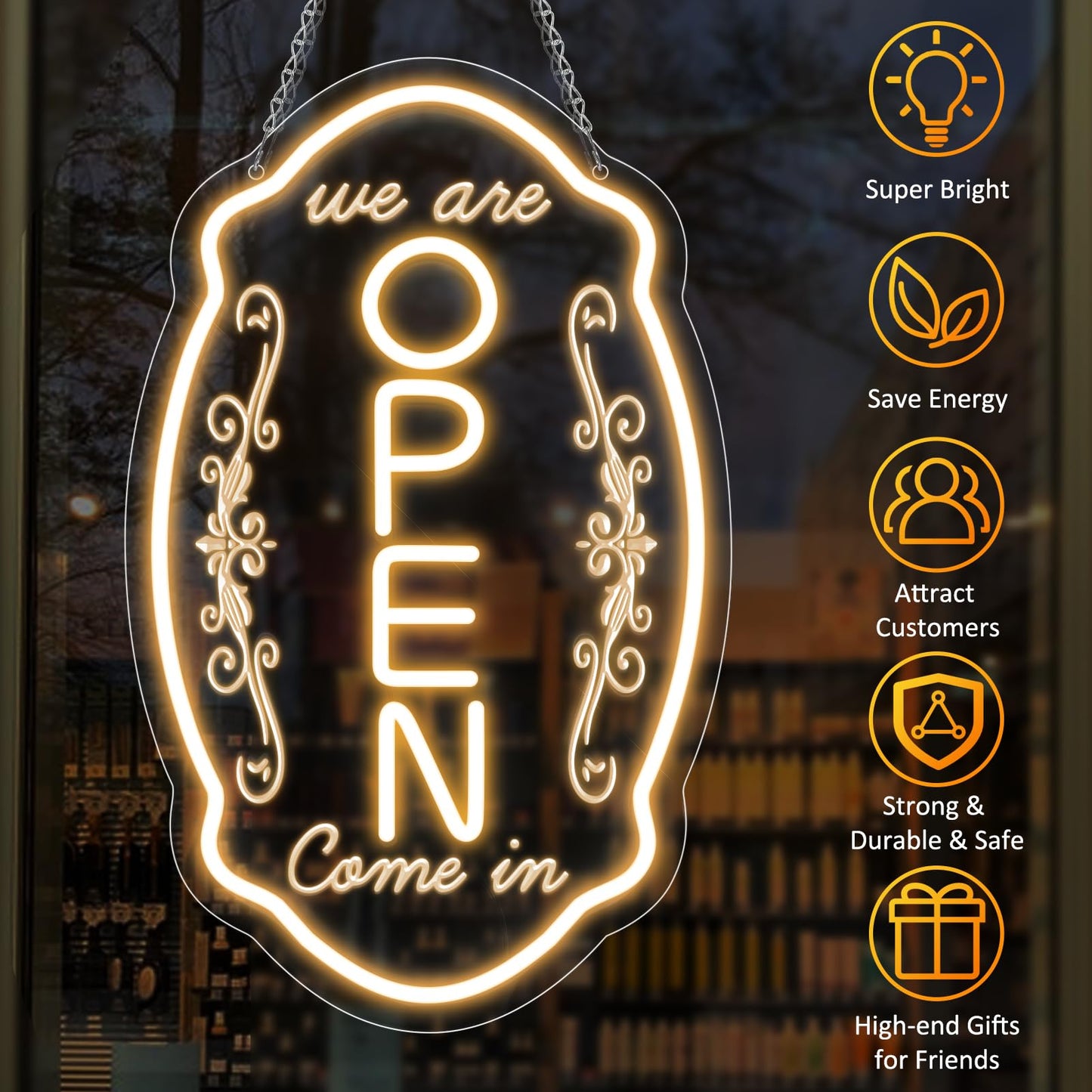LED Neon Open Sign for Business, 16.5x10'' Come in We’re Open Sign, Warm White Adjustable Brightness Neon Lights for Party, Bar, Salon, Stores, Hotel, Wall Decor, Clubs, Hotels, Vertical