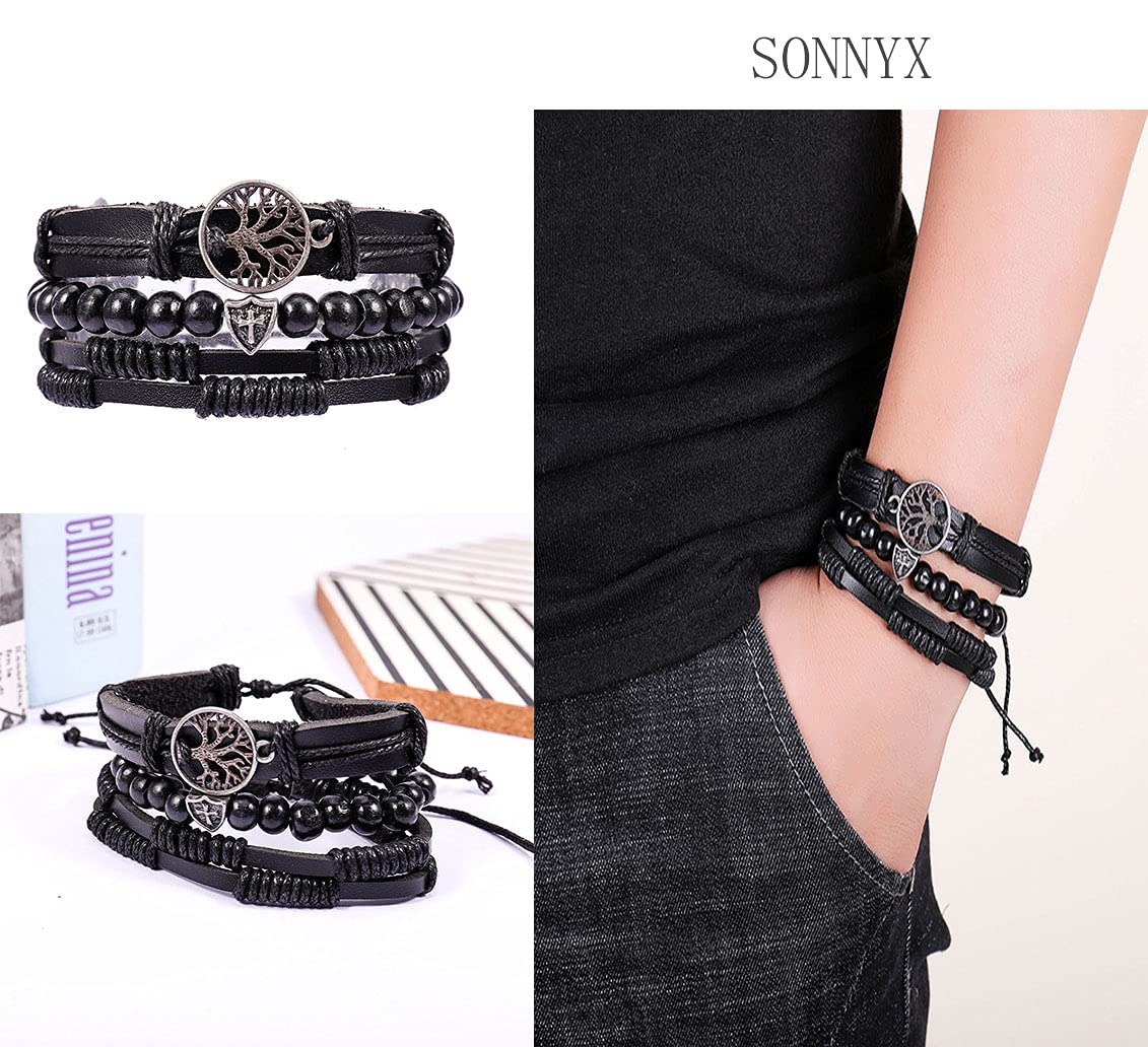 SONNYX 44 Pcs Braided Leather Bracelets for Men Women Woven Cuff Wrap Bracelets Hemp Cords Wood Beads Ethnic Tribal Bracelets Adjustable Leather Wristbands