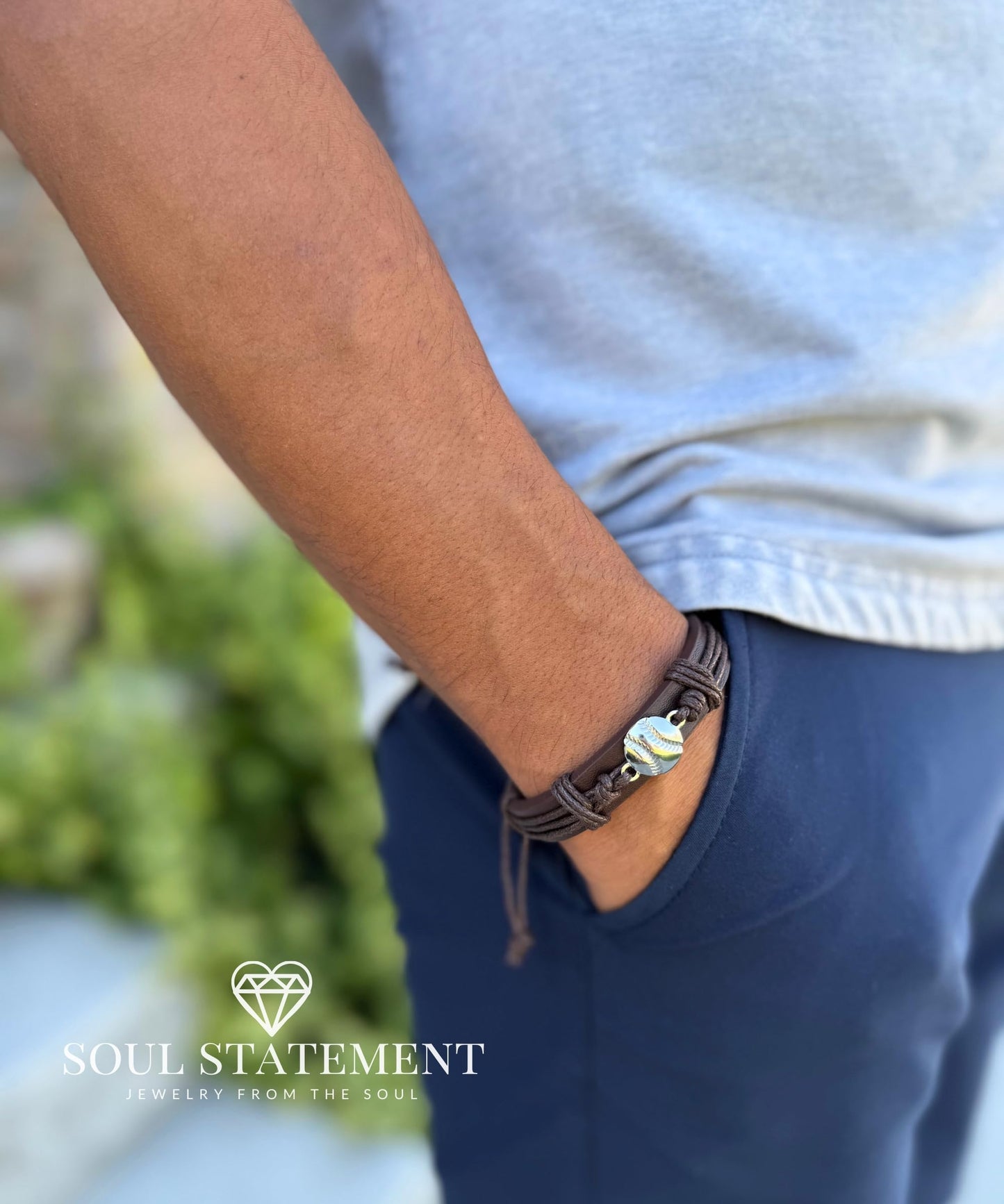 Soul Statement Genuine Leather Wrap Baseball Drip Bracelet for Teens and Men – Adjustable Cord with Stainless Steel Baseball Charm – Athletic Jewelry, Easter Basket Stuffer for Teenagers (Baseball)