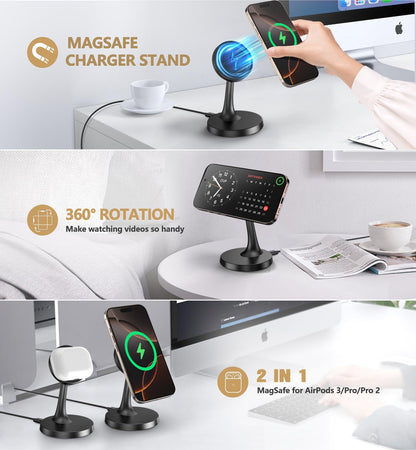 Magnetic Wireless Charger iPhone Stand 15W Fast Mag-Safe Charger for iPhone 16/16 Pro/16 Plus/16 Pro Max/15/14/13/12 Series Apple Magnet Wireless Charging Station/Pad for AirPods