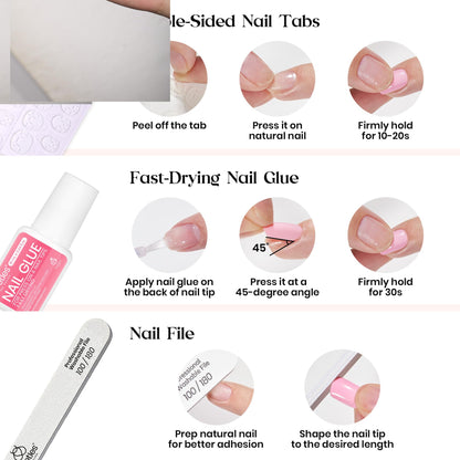 Beetles Press on Nails Kit 720Pcs 24 Colors, Press on Nails Short Almond Glossy Matte Glitter With Nail Glue & Nail Tabs Stickers, Natural Fit Lightweight Fake Nails Kit Art For Women Girls