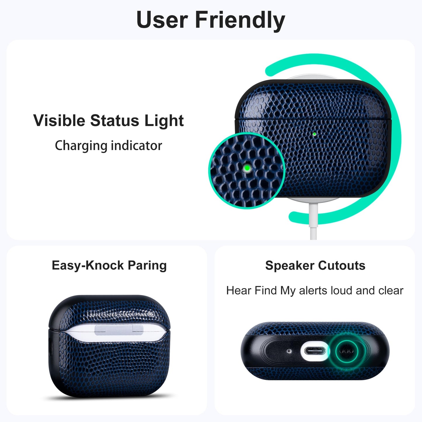 RIXENY Leather Case for AirPods Pro 3 (3rd Gen 2025), Adjustable Lanyard, Vegan Lizard Texture Leather, Hard Shell, Scratch/Shock Proof, Wireless Charging, for Fashion & Luxury Lovers, Blue