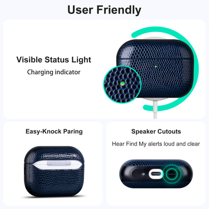 RIXENY Leather Case for AirPods Pro 3 (3rd Gen 2025), Adjustable Lanyard, Vegan Lizard Texture Leather, Hard Shell, Scratch/Shock Proof, Wireless Charging, for Fashion & Luxury Lovers, Blue