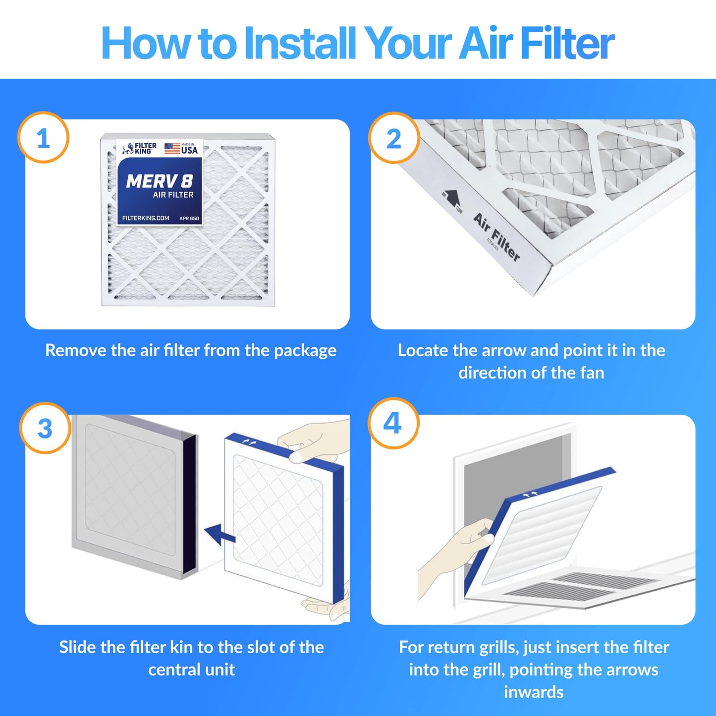 Filter King 12x16x2 Air Filter (MERV 8) (6-Pack) Dust & Allergy Control AC Furnace Filters, MADE IN USA, HVAC, Pleated, Electrostatic (Actual Size: 11.5 x 15.5 x 1.75)