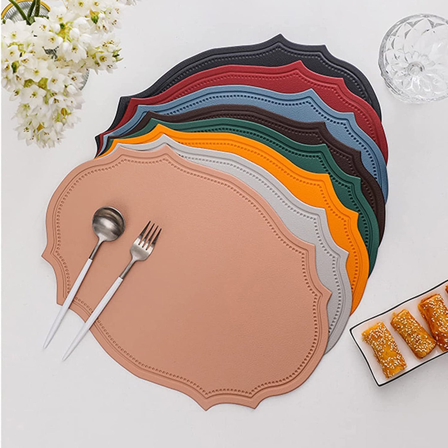Leather Washable Placemats, Brown Thick Faux Leather Heat Resistant Elliptical Shape Table Mats,Waterproof Non-Slip Easy to Clean Place mat for Kitchen Coffee Dining Room Table Set of 6