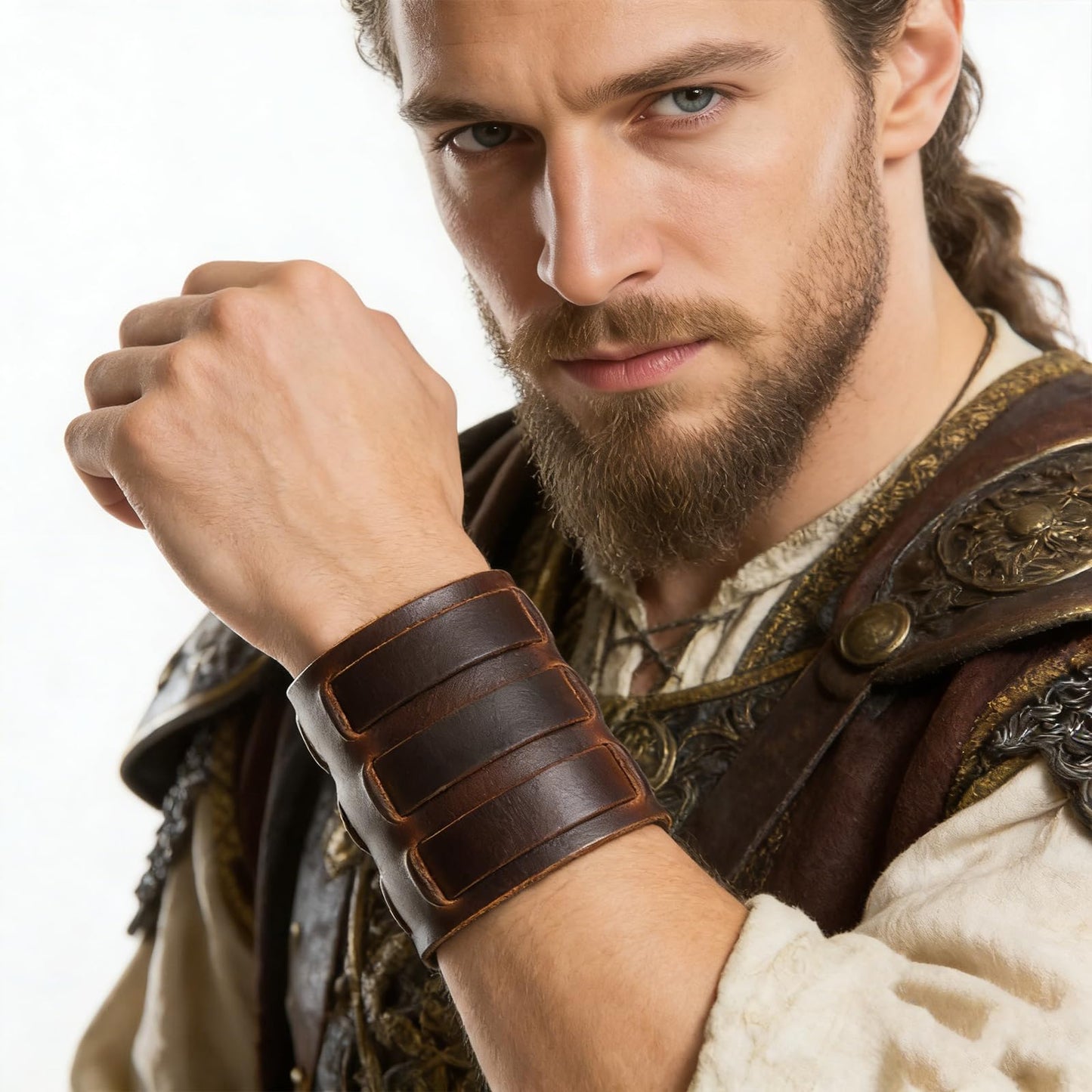 HZMAN Dark Brown Leather Wide Triple Strap Cuff Wrap Gauntlet Wristband Buckle Fastening Arm Armor Cuff (Brown)