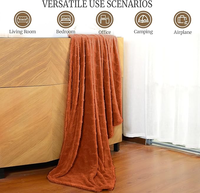 Jacquard Boho Fleece Throw Blanket-Cozy Fluffy Soft Lightweight Fuzzy Blanket for Sofa, Couch, Bed, Chair & Car, Gifts for Teen Girls, Women & Men, Home and Dorm Decor, Rust Red, 50" x 70"