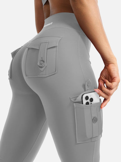 YEOREO CoreFlex Women Workout Flare Leggings with Pockets Scrunch Cargo Gym Yoga Leggings Light Gray XS
