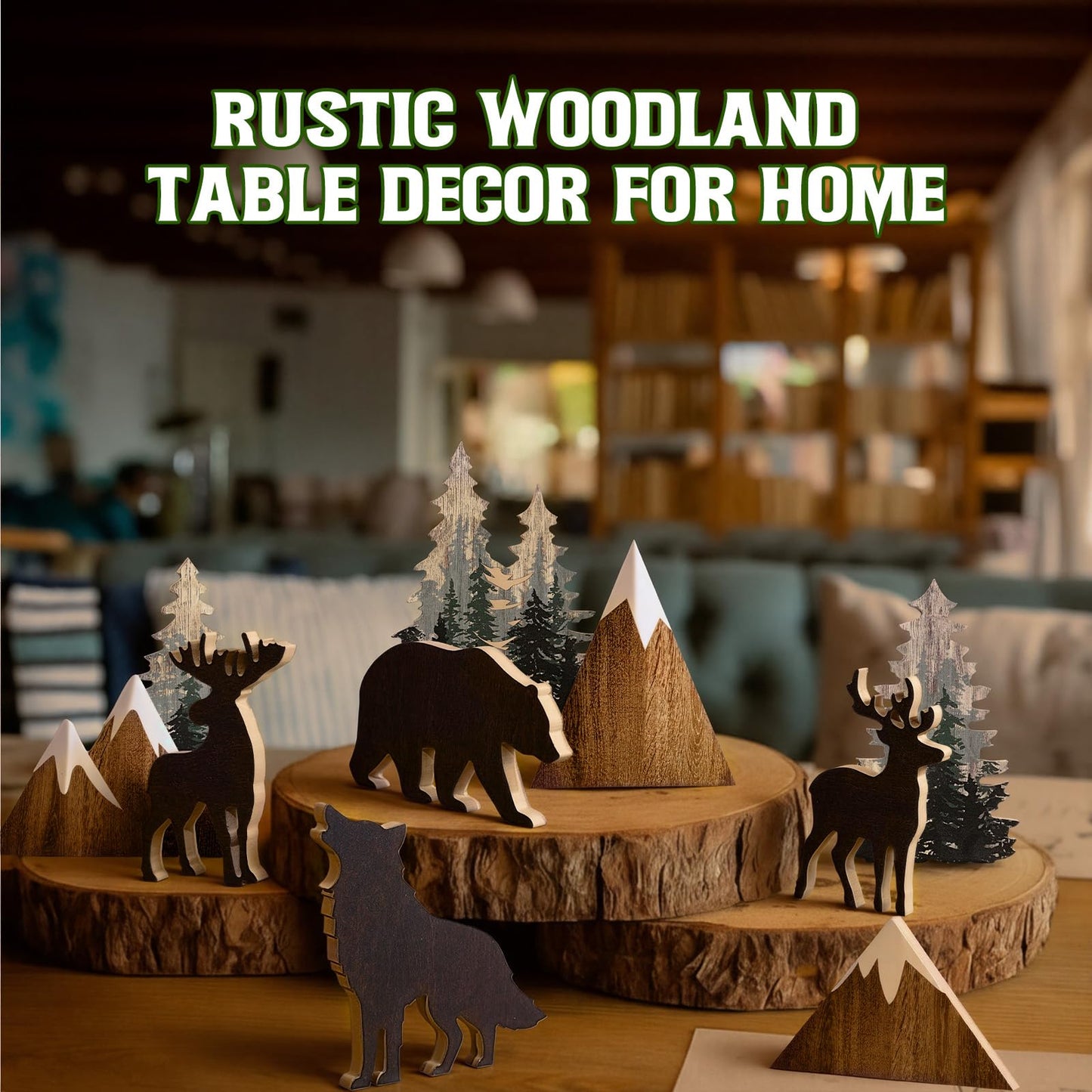 DoubleFill 10 Pcs Cabin Shelf Decor Wooden Forest Animals Bear Mountain Pine Tree Sign Rustic Woodland Decor for Cabin Farmhouse Table Centerpiece Home Office Decoration