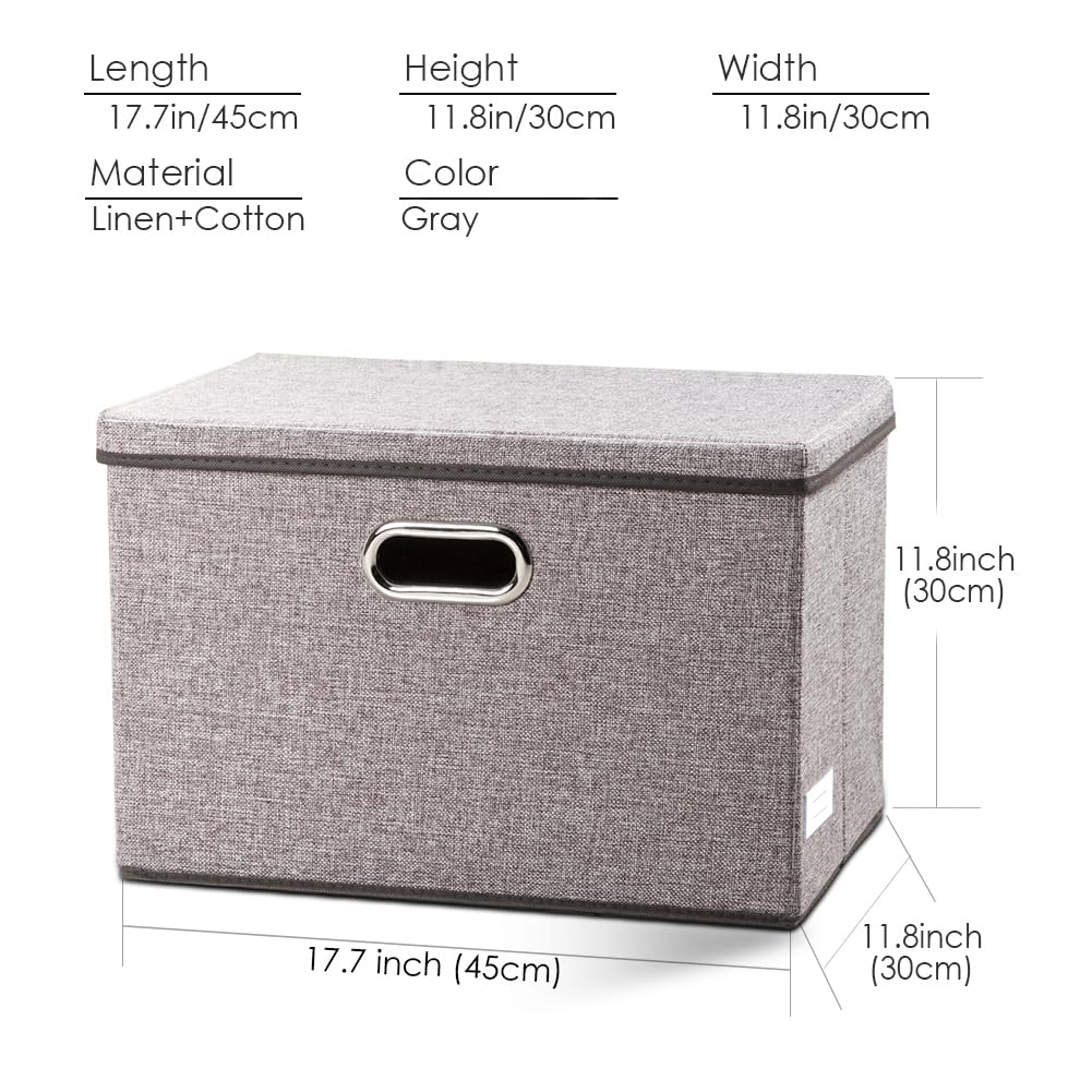 PRANDOM Large Collapsible Storage Bins with Lids [3-Pack] Linen/Cotton Blend Foldable Storage Boxes Organizer Containers Baskets Cube with Cover for Home Bedroom Closet Office Nursery(17.7x11.8x11.8)