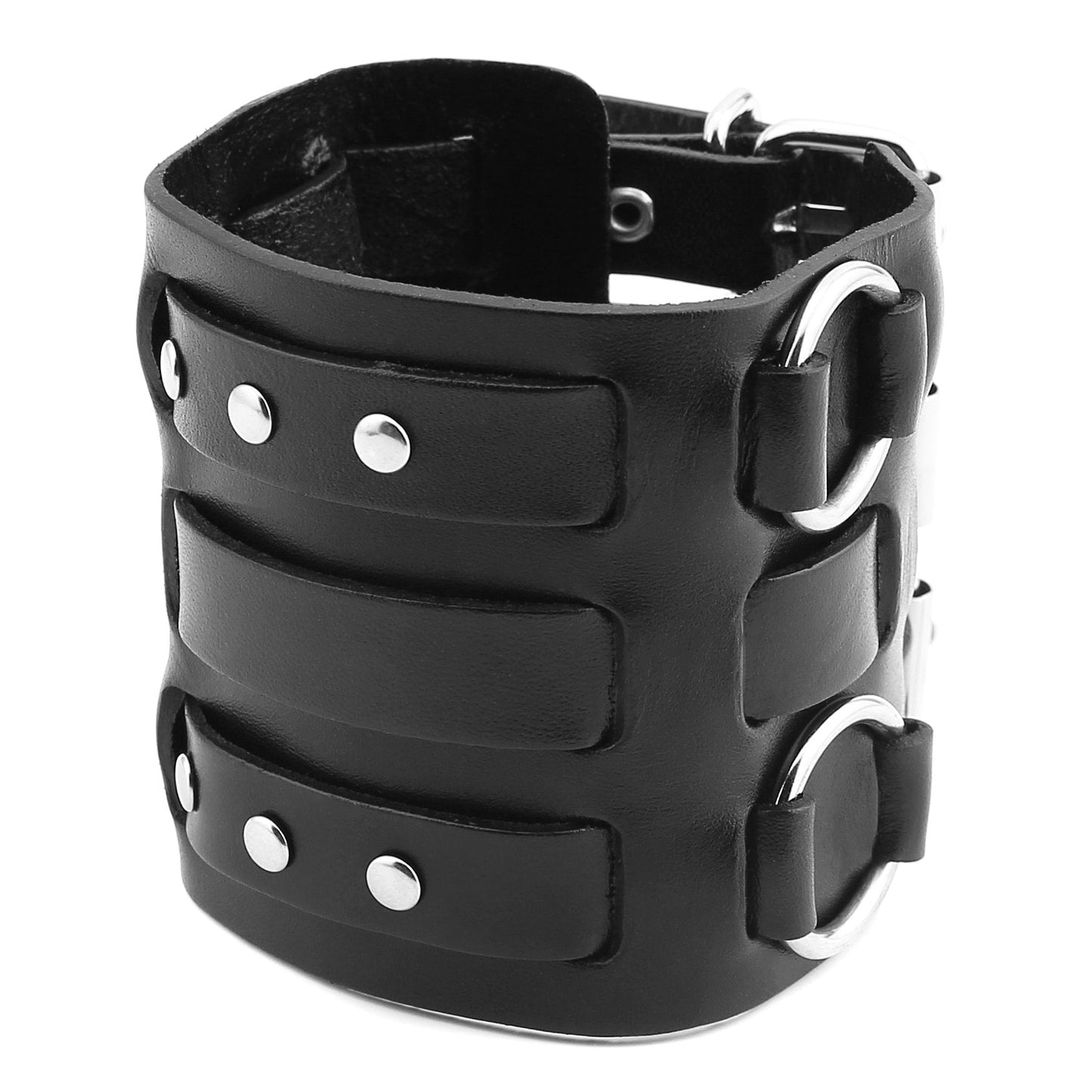 HZMAN Men's Alloy Ring Genuine Leather Bracelet Bangle Cuff Silver Tone Adjustable (Black)