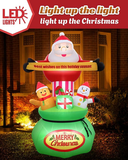 9FT Christmas Inflatables Outdoor Decorations,Blow Up Yard Decorations Santa Claus Snowman Gingerbread Man and Gift Bag,Built-in LED Lights for Garden Lawn Xmas Decor