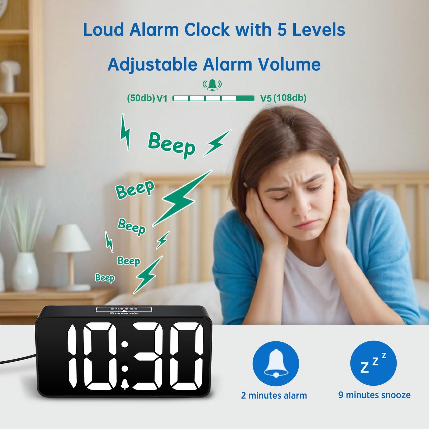 DreamSky Small Digital Alarm Clocks for Bedrooms - RGB Electric Alarm Clock for Kids Bedside Nightstand, Desk Clock with Large Numbers, Dimmer, Adjustable Alarm Volume, USB Port, USB-C Adapter Powered