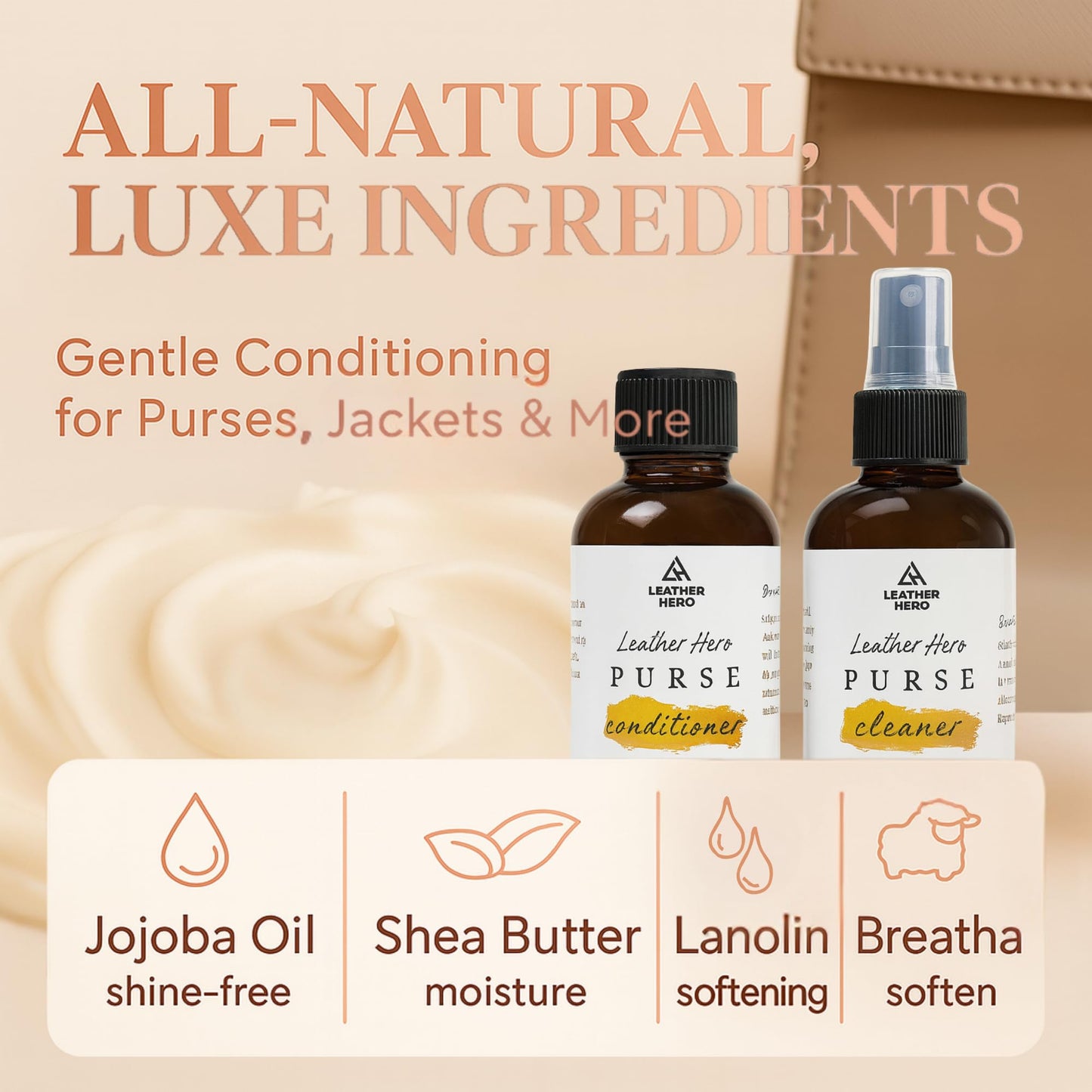 Leather Purse Cleaner & Conditioner Kit – 4pc Set with 4oz Cleaner, 4oz Conditioner, Microfiber Cloth & Applicator Sponge – Leather Bag & Handbag Care for Luxury Purses & Designer Bags