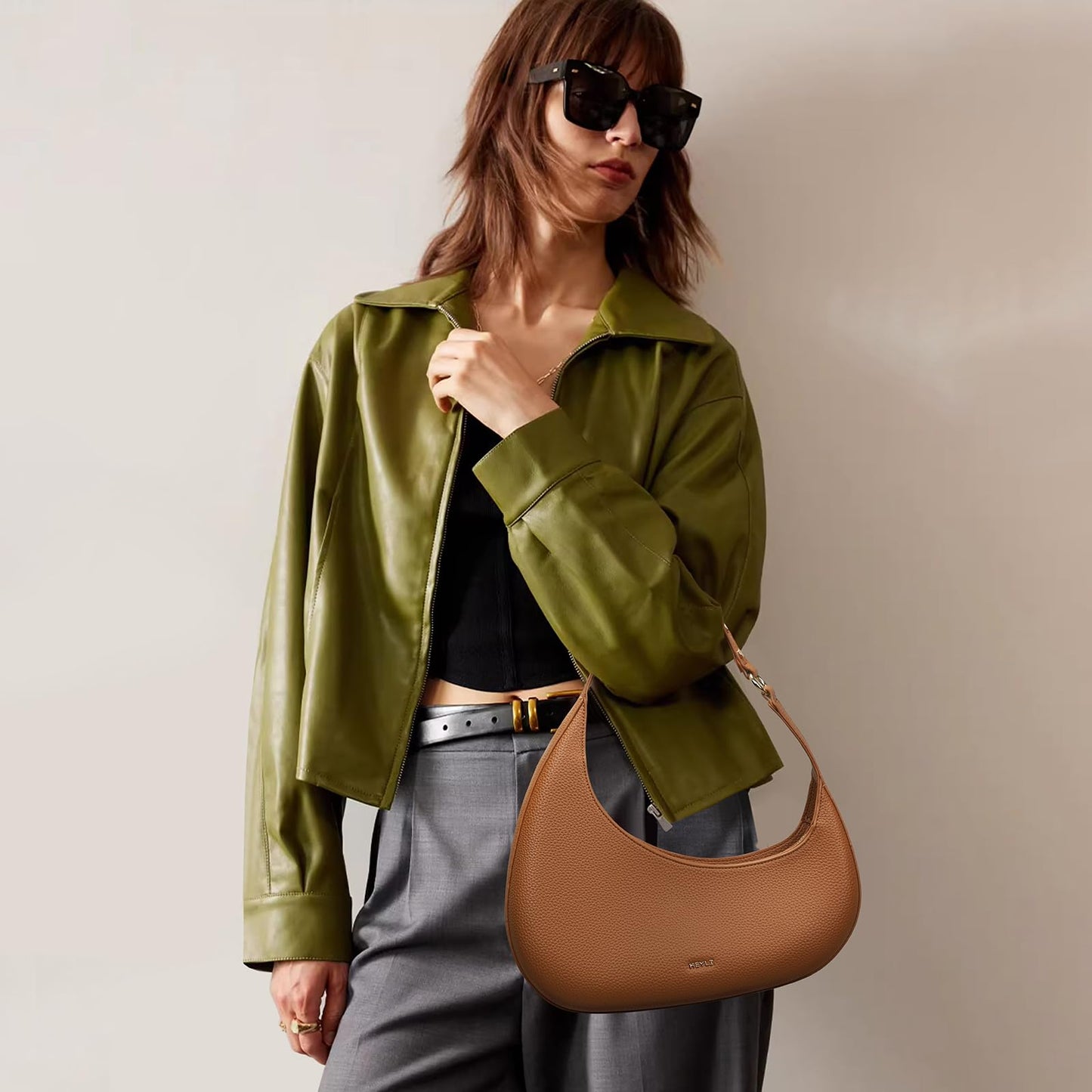 Keyli Shoulder Bag Polene Bags for Women Fashionable Casual Vegan Leather Zip Top-Handle Handbags Quilted Crescent Hobo Purse Brown