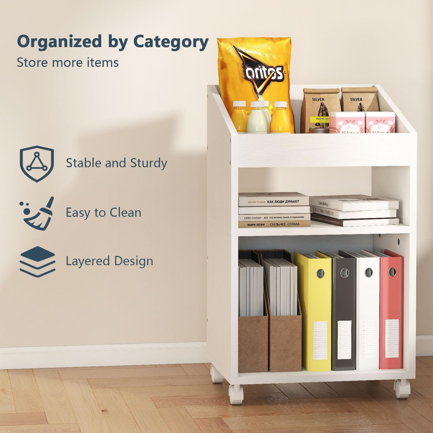 Permory 3-Tier Mobile Files Cabinet, Under Desk White Storage Organizer with Wheels for Home Office (White)